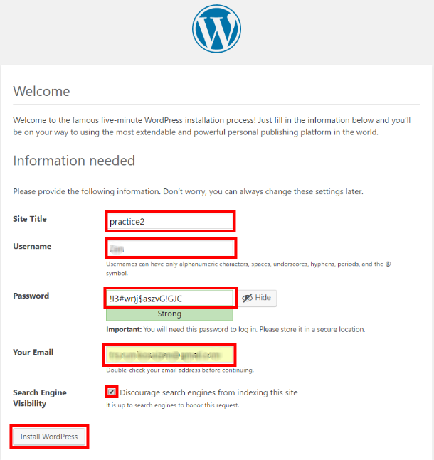 WordPress設定画面：サイト名、ユーザー名、パスワードの設定画面