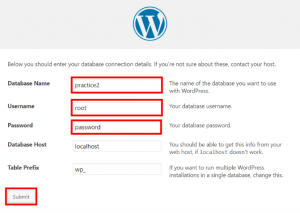 WordPress設定：データベース名、ユーザー名、パスワード入力画面